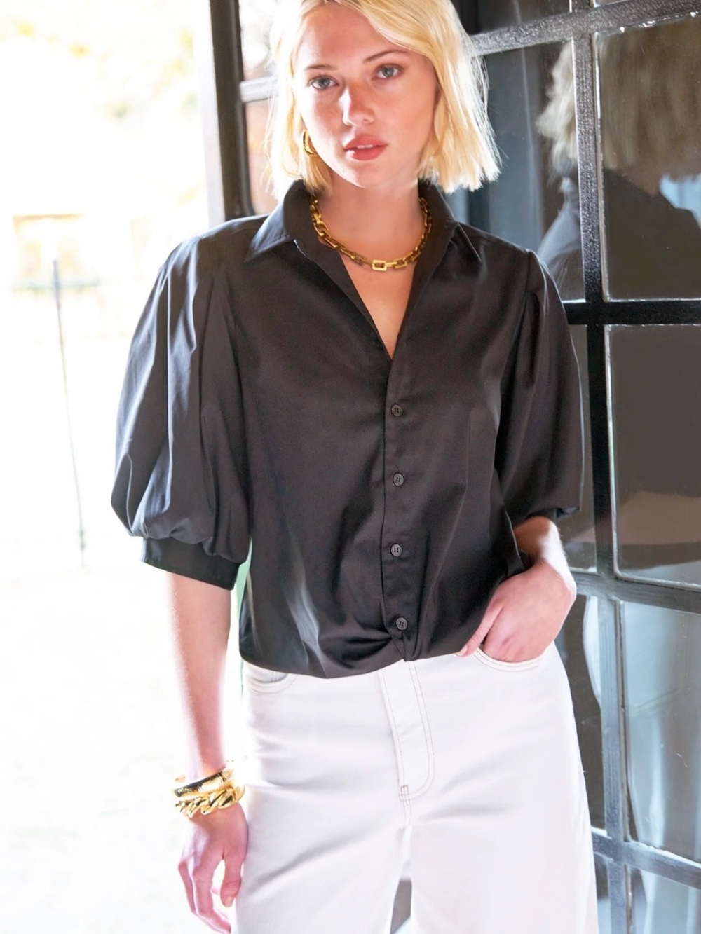 Finley Bomba Black Poplin Twist Puff-Sleeve Ladies Button-Down Top - Size XS - Picture 3 of 10